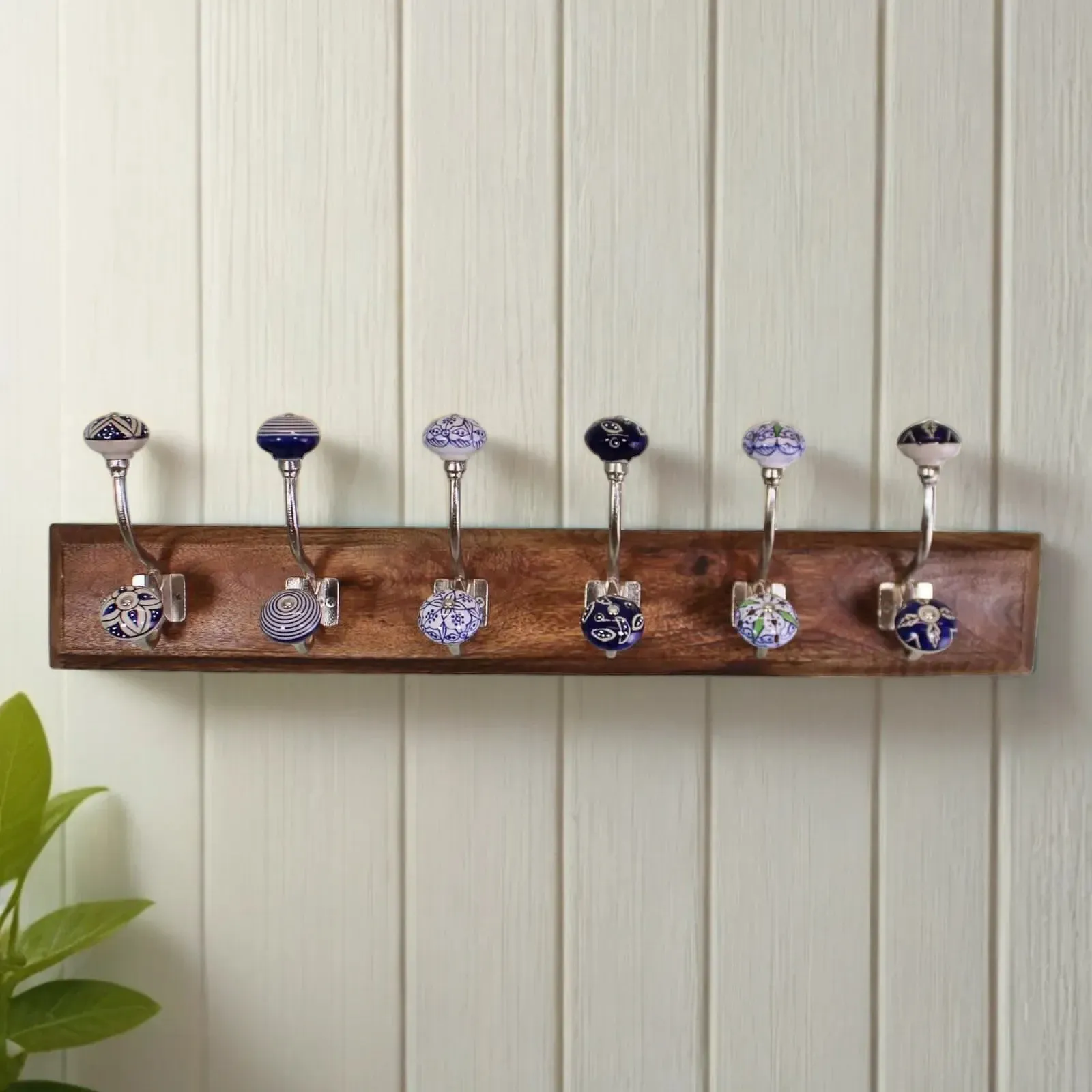 6 Double Ceramic Blue and White Coat Hooks