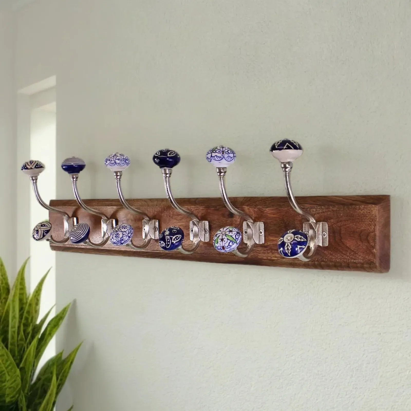 6 Double Ceramic Blue and White Coat Hooks