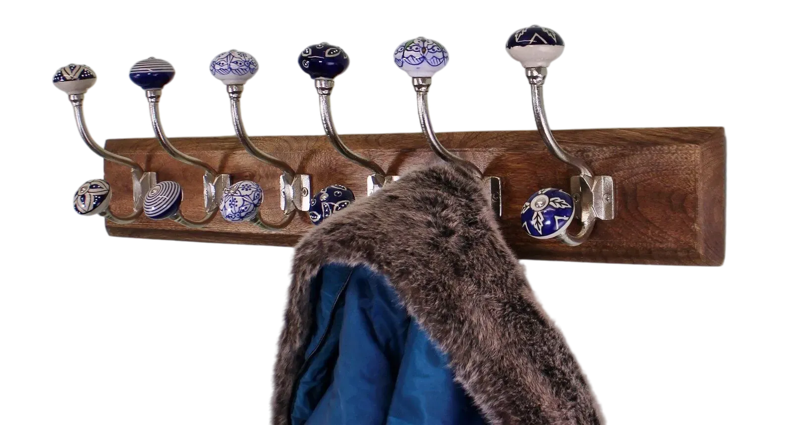 6 Double Ceramic Blue and White Coat Hooks