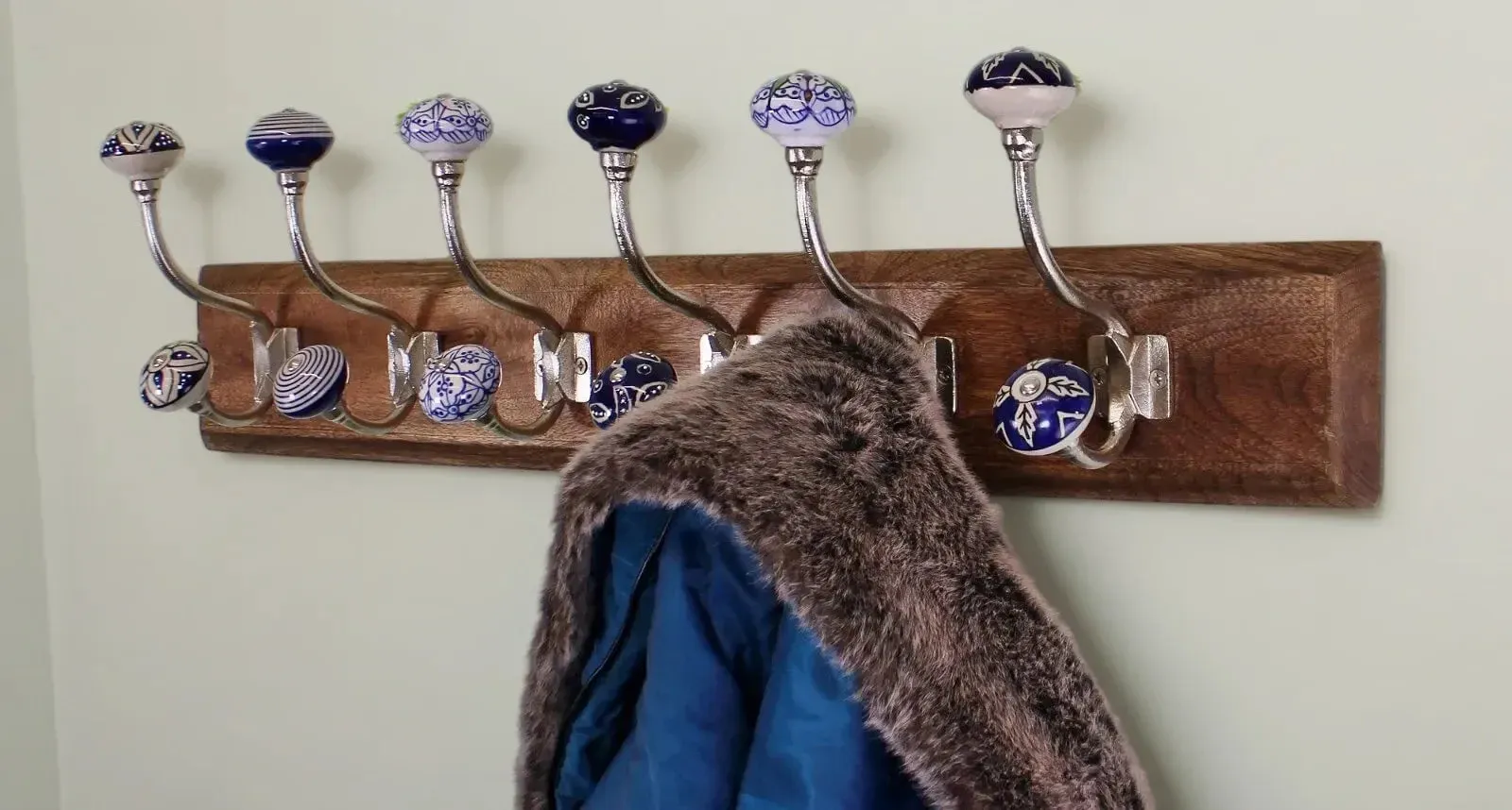 6 Double Ceramic Blue and White Coat Hooks