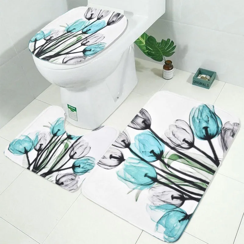Colorful Tulip Flowers Shower Curtain Sets with Non-Slip Rugs Toilet Lid Cover and Bath Mat Waterproof Shower Curtain Set