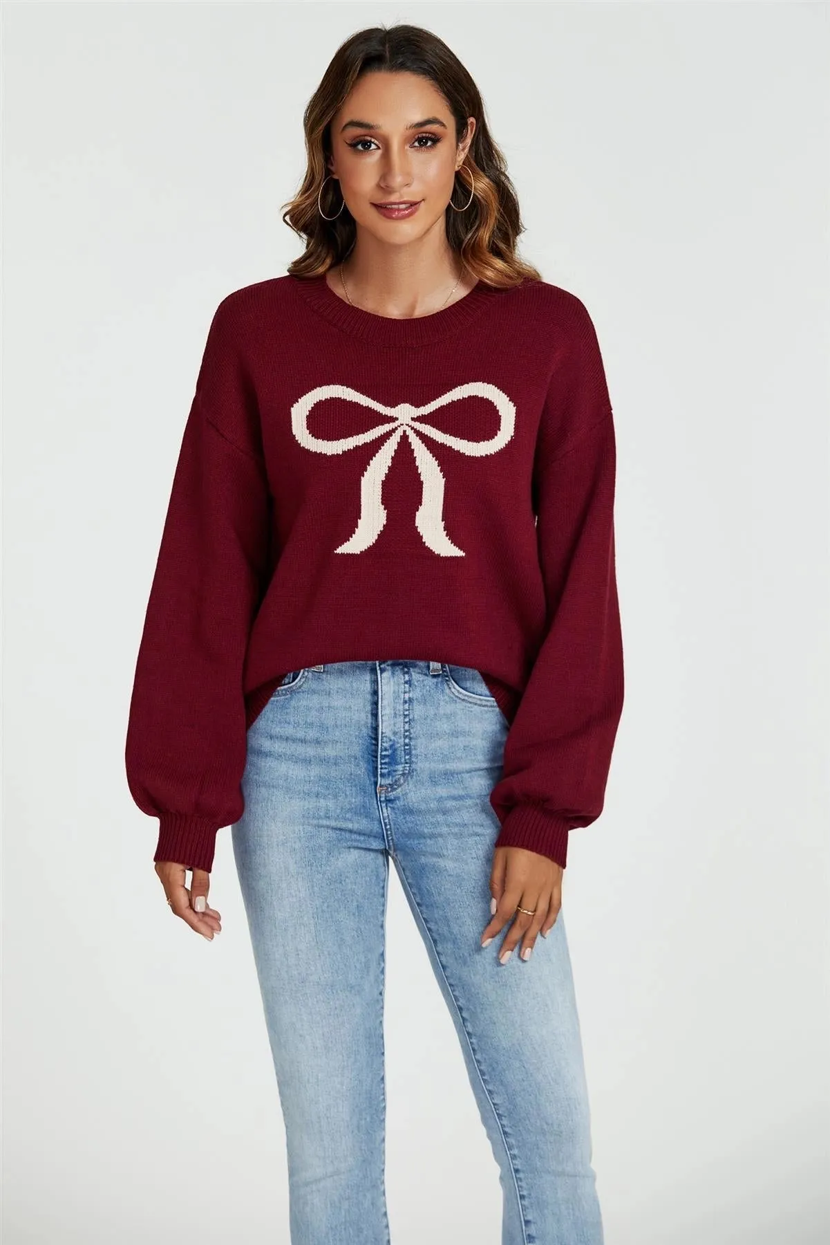 FS Collection Burgundy Red Bow Jumper