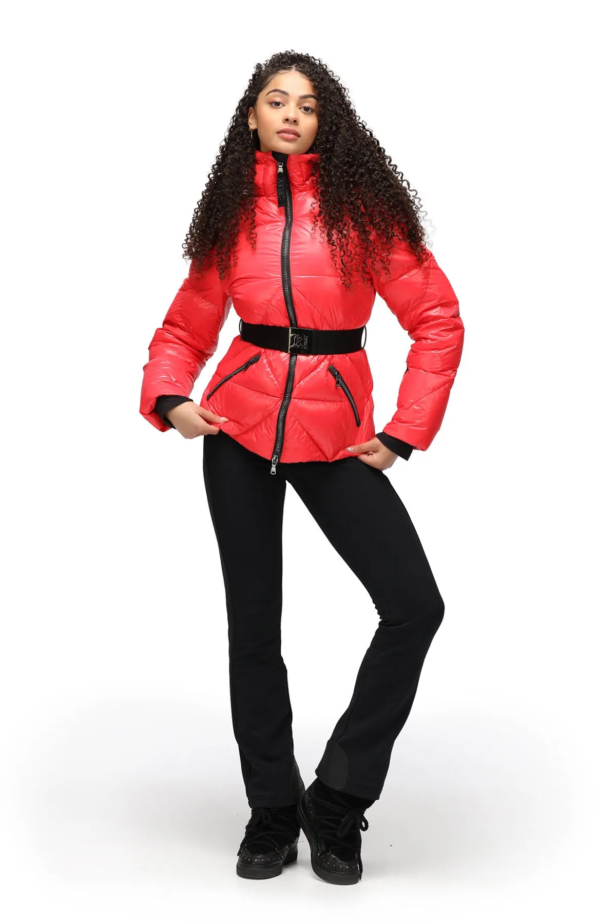 Kelly by Sissy Eden Red Downfilled Ski Jacket with Belt and Hood