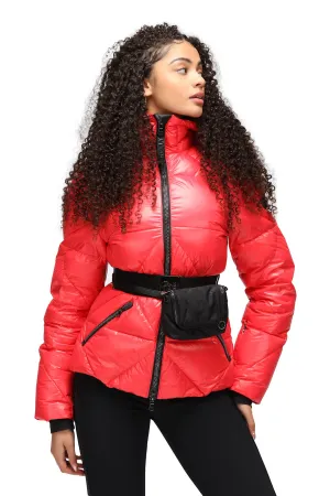 Kelly by Sissy Eden Red Downfilled Ski Jacket with Belt and Hood